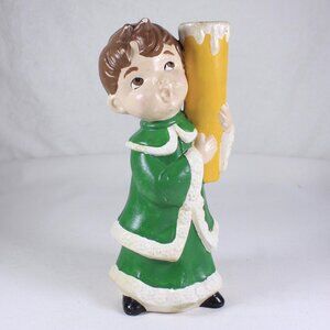 1970s ceramic Christmas candlestick holder, child caroller in green candle